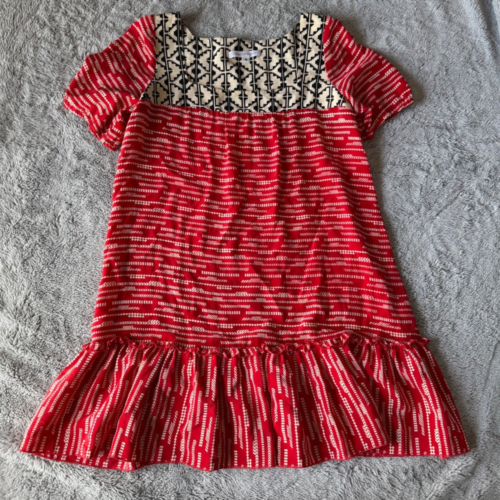 Corey Lynn Calter Silk Dress Boho Tribal Babydoll Shift Ruffle Hem Sz 6